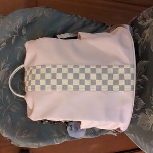 NWOT! Meannic Cream and Gray Nylon Backpack With Checked Canvas Accents
